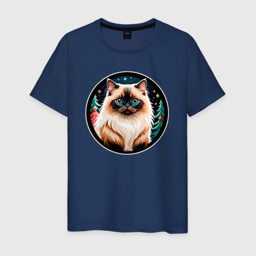 Мужская футболка из хлопка с принтом Гималайский кот ждет Новый Год, вид спереди №1