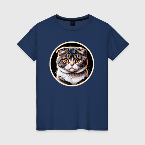 Женская футболка из хлопка с принтом Элегантный портрет кота породы Скоттиш Фолд, вид спереди №1