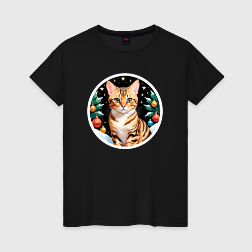 Женская футболка хлопок Бенгальская кошка ждет Новый Год, цвет черный