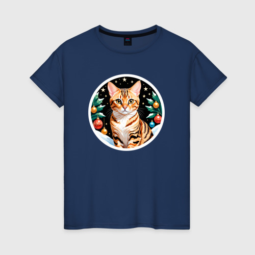 Женская футболка из хлопка с принтом Бенгальская кошка ждет Новый Год, вид спереди №1