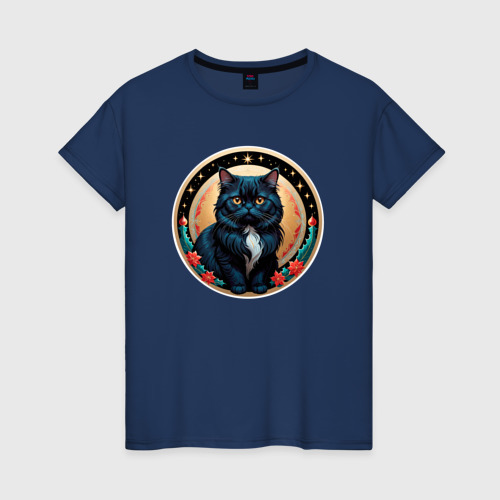 Женская футболка из хлопка с принтом Персидский котик ждет Новый Год, вид спереди №1