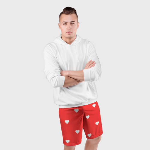 Мужские шорты спортивные Белые сердца на красном фоне, цвет 3D печать - фото 5