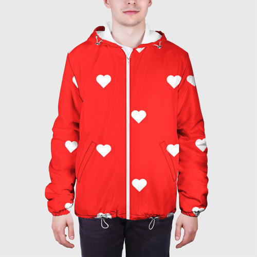 Мужская куртка 3D Белые сердца на красном фоне, цвет 3D печать - фото 4