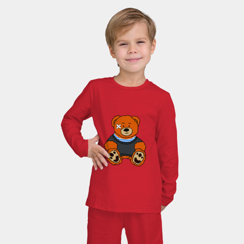 Детская пижама с лонгсливом хлопок с принтом Медведь Вова с пластырем, фото на моделе #1