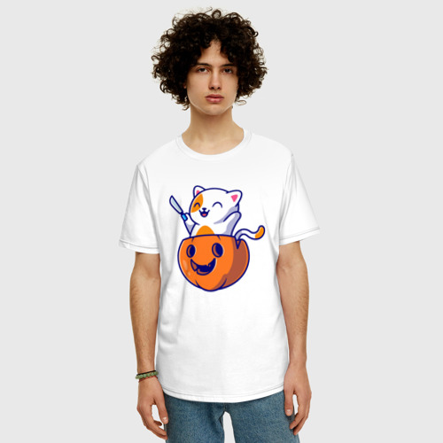 Мужская футболка хлопок Oversize с принтом Котёнок в тыкве, фото на моделе #1