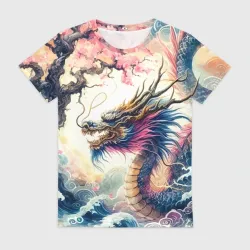 Женская футболка 3D Japanese dragon and sakura - engraving