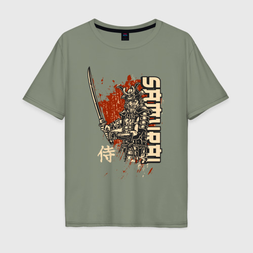 Мужская футболка хлопок Oversize с принтом Самурай японский воин, вид спереди #2