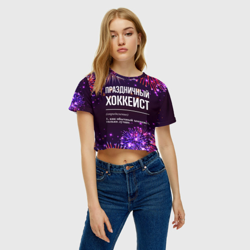 Женская футболка Crop-top 3D Праздничный хоккеист: фейерверк, цвет 3D печать - фото 4