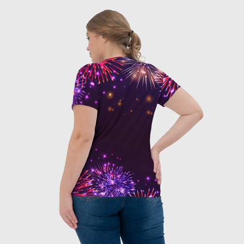 Женская футболка 3D с принтом Праздничный самбист: фейерверк, вид сзади #2
