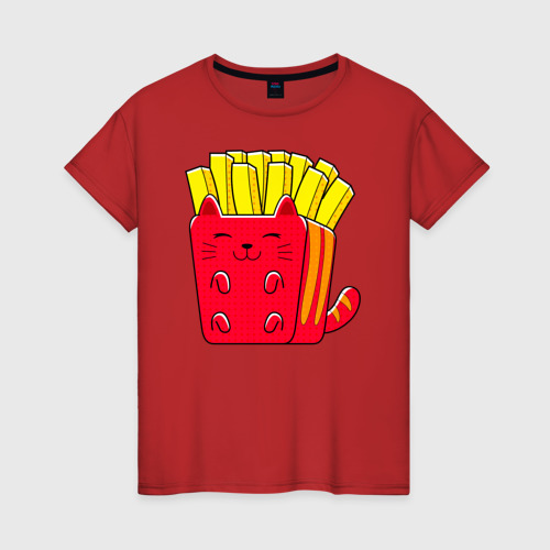 Женская футболка хлопок с принтом Кот картошка фри, вид спереди #2