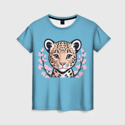 Портрет детеныша леопарда с сакурой – Женская футболка 3D с принтом купить со скидкой в -26%