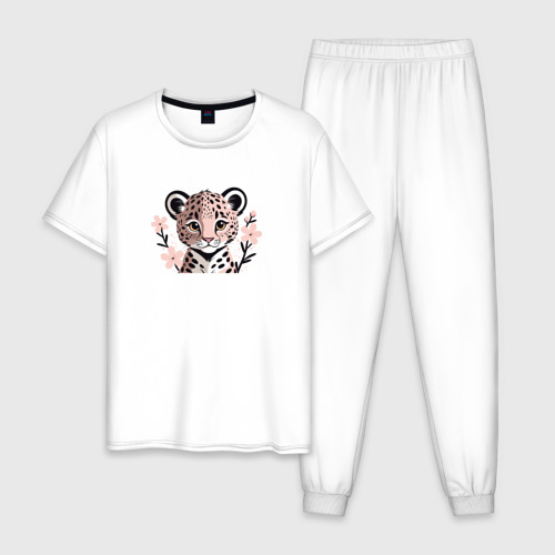 Мужская пижама хлопок с принтом Маленький леопард и сакура, вид спереди #2