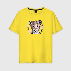 Женская футболка хлопок Oversize Маленький леопард и сакура