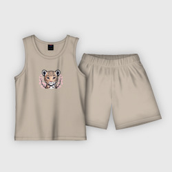 Детская пижама с шортами хлопок Детеныш леопарда и ветки сакуры