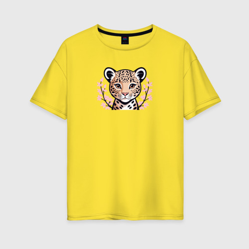 Женская футболка хлопок Oversize с принтом Детеныш леопарда и ветки сакуры, вид спереди #2