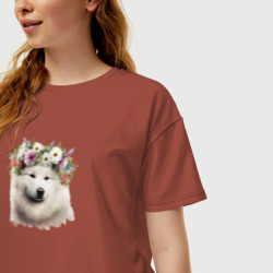 Женская футболка хлопок Oversize Самоедская лайка в цветах - фото 2