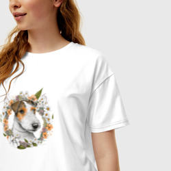 Женская футболка хлопок Oversize Фокстерьер с венком из цветов и листьев - фото 2