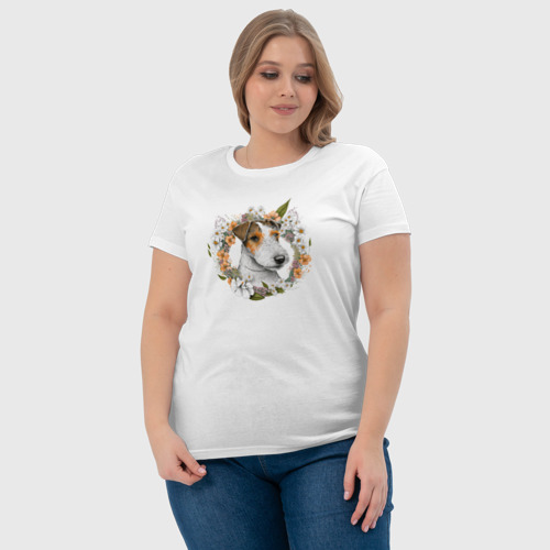 Женская футболка хлопок Фокстерьер с венком из цветов и листьев, цвет белый - фото 6