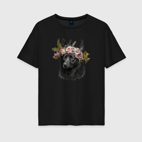 Женская футболка хлопок Oversize Шипперке в цветочном венке, цвет черный