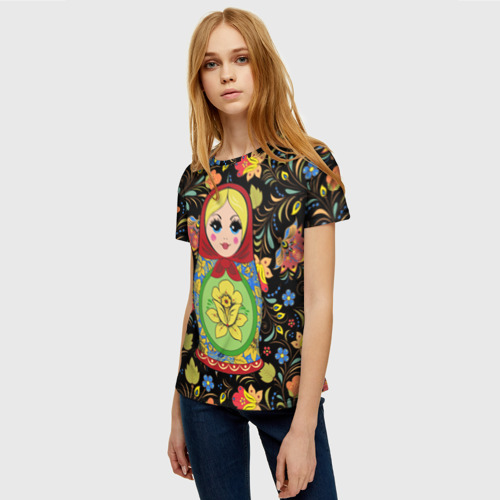 Женская футболка 3D Матрёшка в хохломских узорах, цвет 3D печать - фото 3
