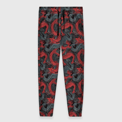 Женские брюки 3D Красные драконы на сером фоне