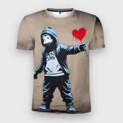 Мужская футболка 3D Slim Обезьяна держит в руках сердце граффити