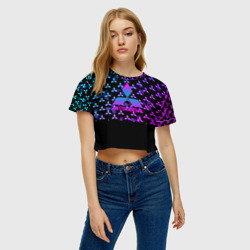 Женская футболка Crop-top 3D Митсубиси неоновый градиент значки - фото 2