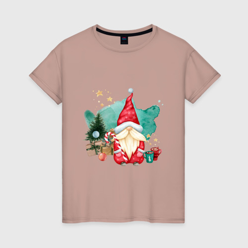 Женская футболка хлопок с принтом Гном с  новогодними подарками, вид спереди #2