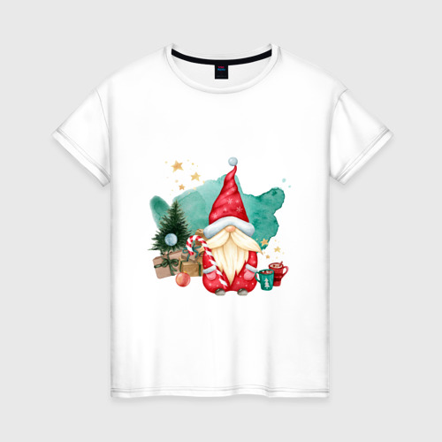 Женская футболка из хлопка с принтом Гном с  новогодними подарками, вид спереди №1