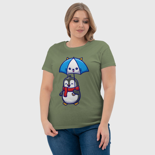 Женская футболка хлопок Пингвин с кошачим зонтом, цвет авокадо - фото 6