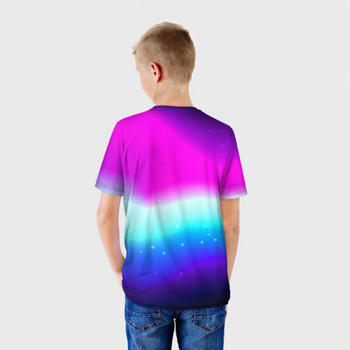 Детская футболка 3D с принтом Love death robots neon gradient serial, вид сзади #2