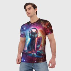 Мужская футболка 3D Котёнок в наушниках с мышкой в космосе - фото 2