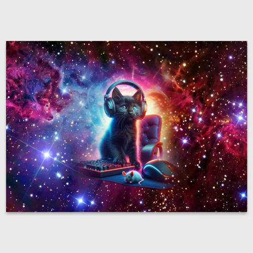 Поздравительная открытка Котёнок в наушниках с мышкой в космосе, цвет белый