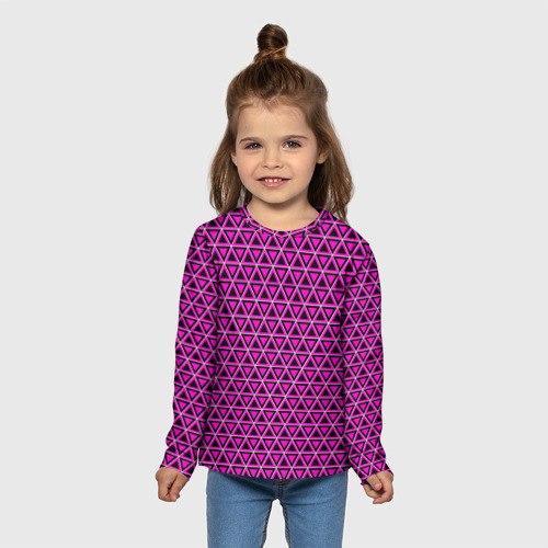 Детский лонгслив 3D с принтом Розовые и чёрные треугольники, вид сбоку #3