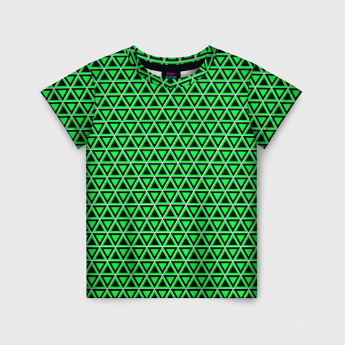 Детская футболка 3D с принтом Зелёные и чёрные треугольники, вид спереди #2