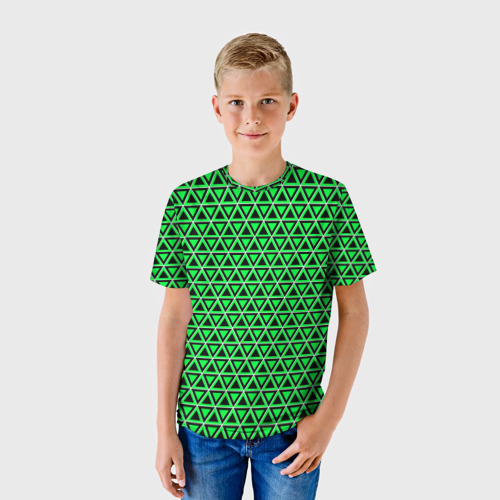 Детская футболка 3D с принтом Зелёные и чёрные треугольники, фото на моделе #1