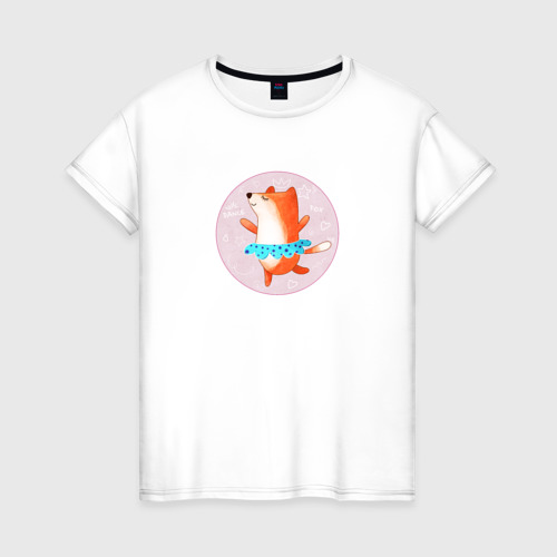 Женская футболка из хлопка с принтом Танцующая лиса, вид спереди №1