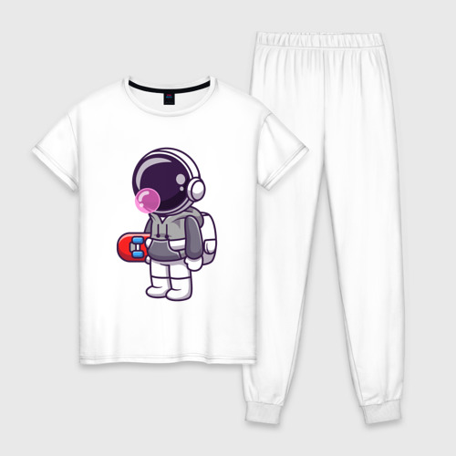 Женская пижама хлопок с принтом Космонавт со скейтом, вид спереди #2