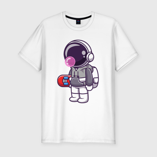 Мужская футболка хлопок Slim с принтом Космонавт со скейтом, вид спереди #2