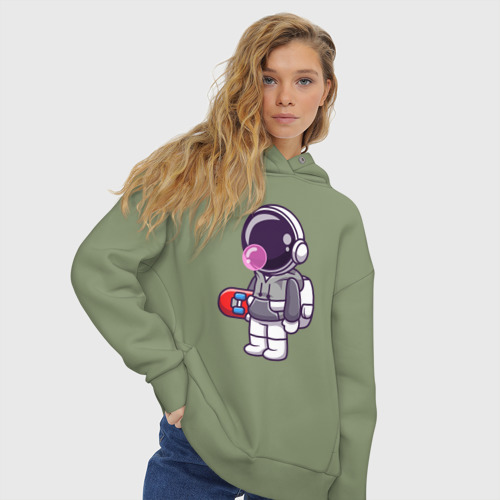 Женское худи Oversize хлопок с принтом Космонавт со скейтом, вид сбоку #3