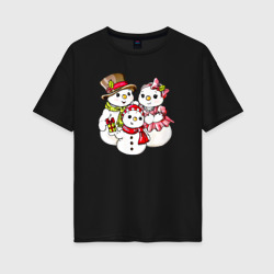 Женская футболка хлопок Oversize Снеговики семья