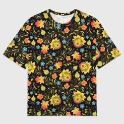 Мужская футболка oversize 3D Хохломская роспись разноцветные цветы