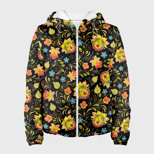 Женская куртка 3D Хохломская роспись разноцветные цветы, цвет белый