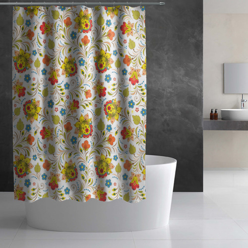 Штора 3D для ванной Хохломская роспись разноцветные цветы на белом фоне - фото 2