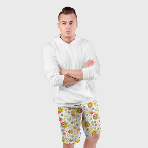 Мужские шорты спортивные Хохломская роспись разноцветные цветы на белом фоне, цвет 3D печать - фото 5
