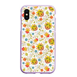 Чехол для iPhone XS Max матовый Хохломская роспись разноцветные цветы на белом фоне