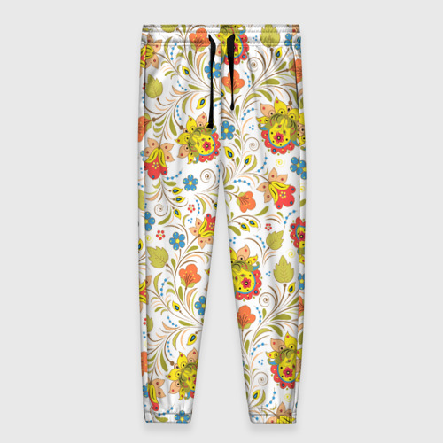 Женские брюки 3D Хохломская роспись разноцветные цветы на белом фоне, цвет 3D печать