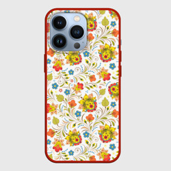 Чехол для iPhone 13 Pro Хохломская роспись разноцветные цветы на белом фоне