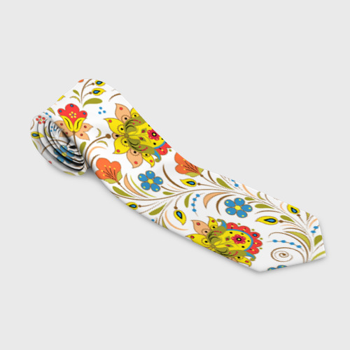 Галстук 3D Хохломская роспись разноцветные цветы на белом фоне
