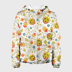 Женская куртка 3D Хохломская роспись разноцветные цветы на белом фоне